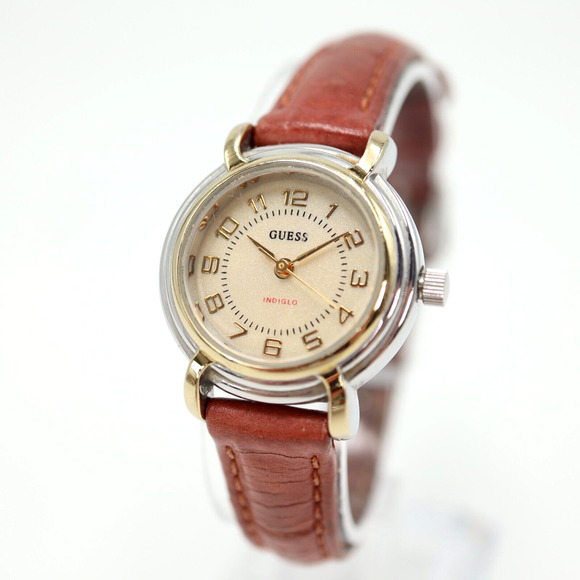 Guess Women Indiglo Watch 25mm Gold Silver Two Tone Leather Band w New Battery - Picture 1 of 16